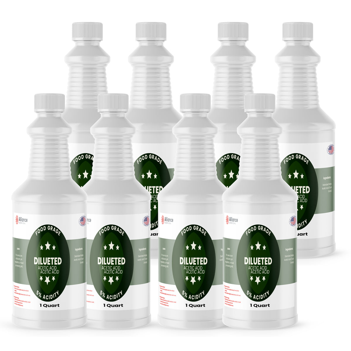 Alliance Chemical 5% diluted acetic acid food grade in clear 1-quart plastic bottles with twist caps