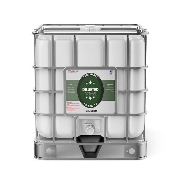 Alliance Chemical 330-gallon plastic tote of 5% Diluted Acetic Acid Food Grade with a steel cage and a spigot.