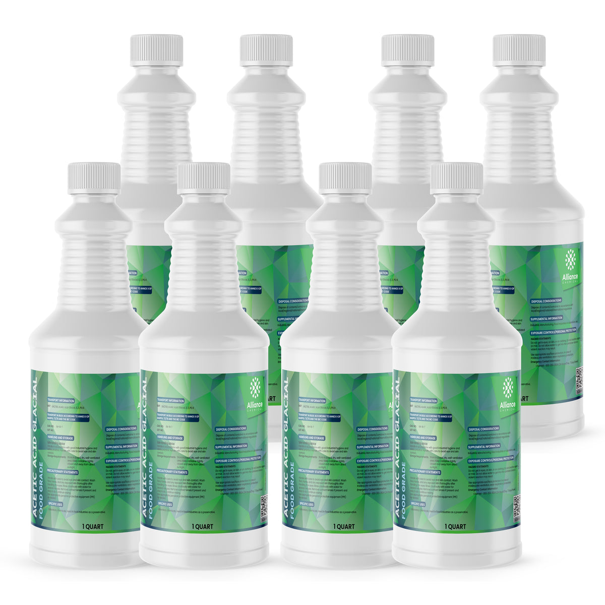 Eight 1-quart plastic bottles of Alliance Chemical Acetic Acid Glacial - Food Grade with white caps and product labels