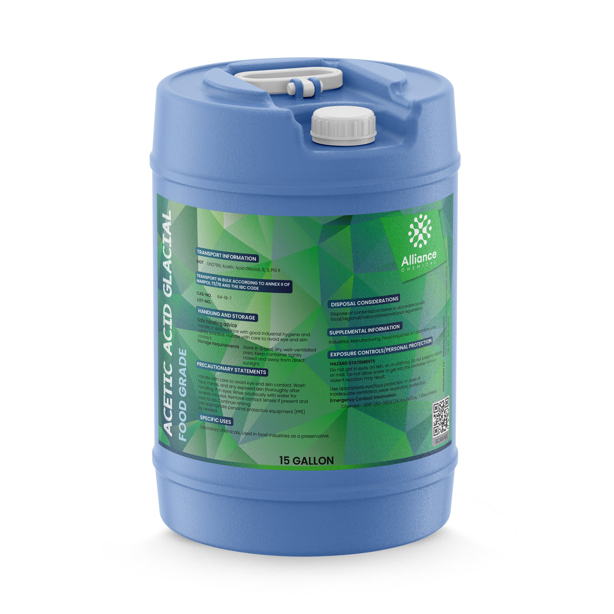 15-gallon HDPE carboy of Acetic Acid Glacial Food Grade with safety information label, white cap, and Alliance Chemical