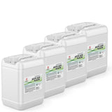 Four 5-gallon HDPE pails of Alliance Chemical Acetic Acid Glacial Technical with labels and integrated handles.