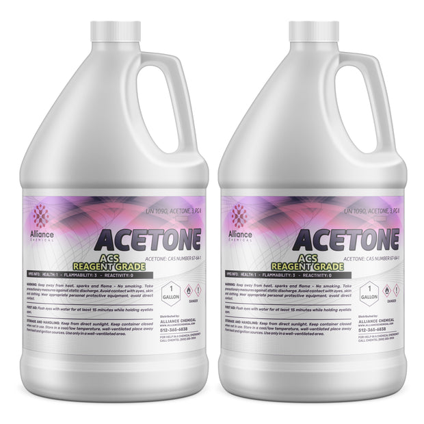 2-gallon reagent-grade acetone in HDPE containers, Health-1/Flammability-3/Reactivity-0 ratings, Alliance Chemical branded