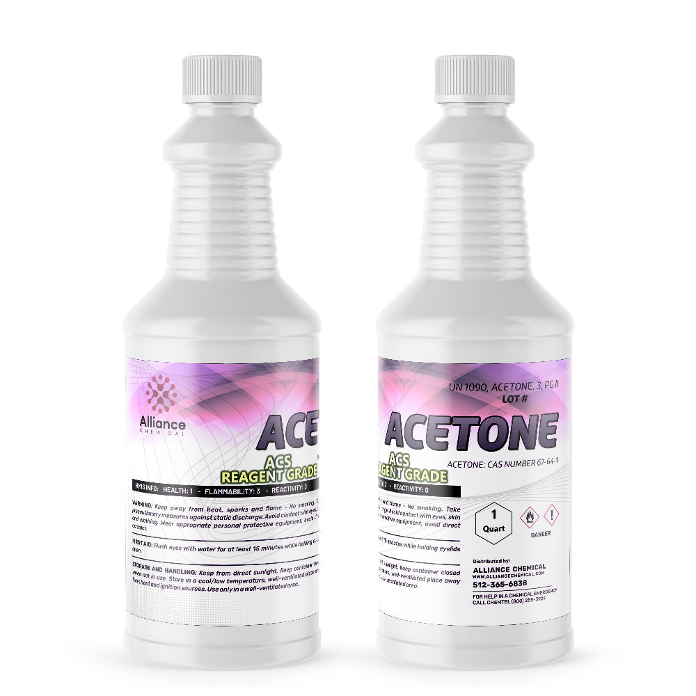 1-quart Alliance Chemical reagent-grade acetone in ribbed HDPE bottle, UN1090 designation, flammability/health hazard symbols