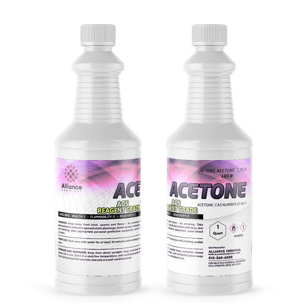 1-quart Alliance Chemical reagent-grade acetone in ribbed HDPE bottle, UN1090 designation, flammability/health hazard symbols