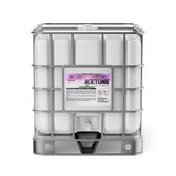 One 275-gallon plastic tote of Alliance Chemical Acetone ACS Grade with a metal cage and a spigot.