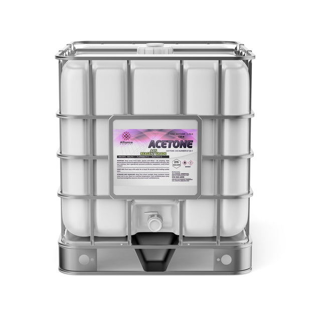 One 275-gallon plastic tote of Alliance Chemical Acetone ACS Grade with a metal cage and a spigot.