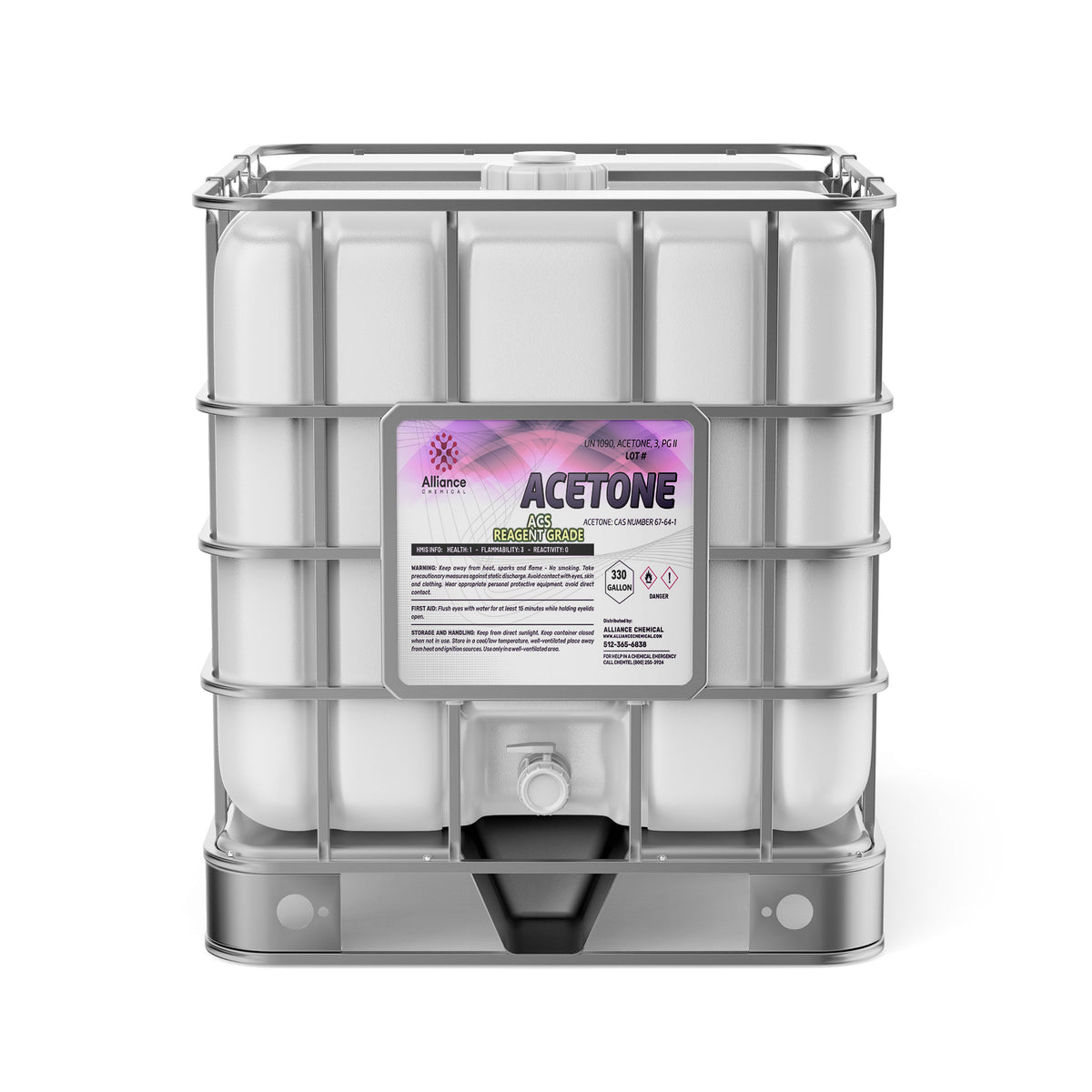 One 330-gallon plastic tote of Alliance Chemical Acetone ACS Grade with a metal cage and a spigot.