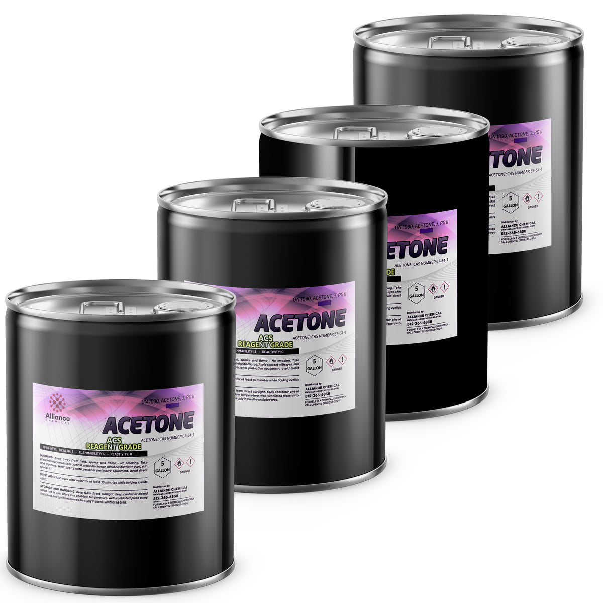 5-gallon drums of ACS Reagent Grade Acetone, black steel containers with Alliance Chemical labels, flammable warning