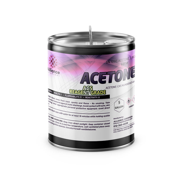 5-gallon metal canister of ACS Reagent Grade Acetone  with flammability warning, Alliance Chemical branding, and safety data