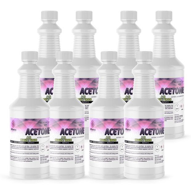 8x1 quart ACS reagent-grade acetone in ribbed HDPE bottles with white screw caps, and Alliance Chemical labeling