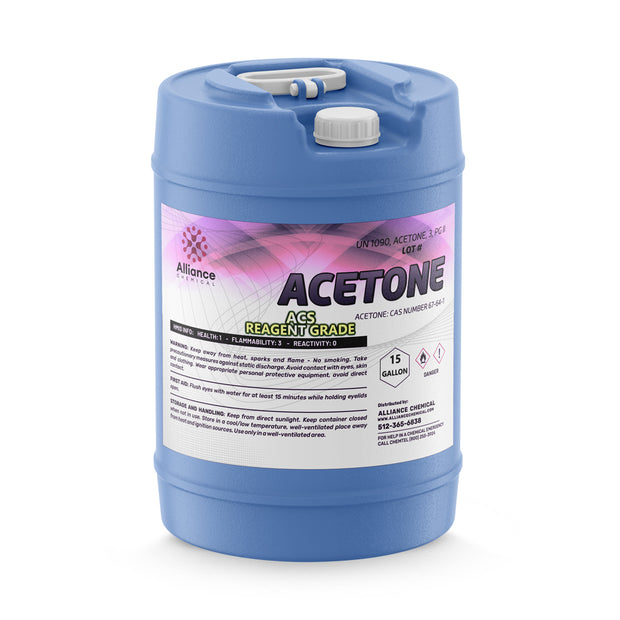 15-gallon HDPE carboy of ACS reagent-grade acetone  flammability rating 3, Alliance Chemical branding