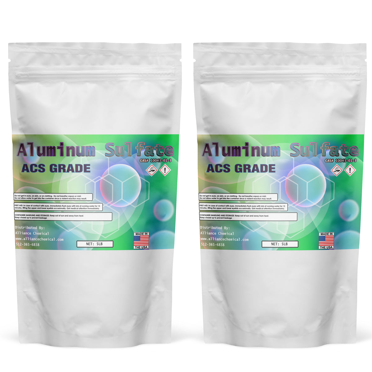 Two 5-lb Alliance Chemical Aluminum Sulfate Hydrate ACS Grade plastic bags with green labels.