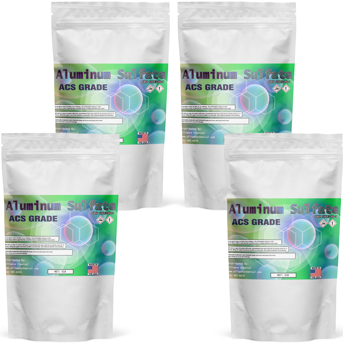 Four Alliance Chemical Aluminum Sulfate ACS Grade 5-lb plastic bags with resealable top and label.