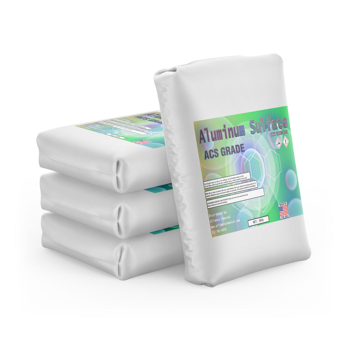 Four bags of Alliance Chemical Aluminum Sulfate ACS Grade with a product label and a "Made in the USA" logo.