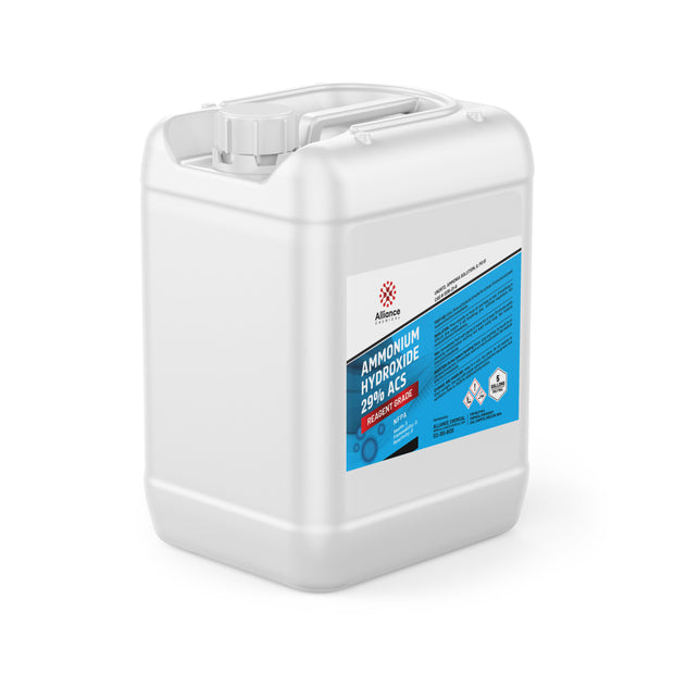 5-gallon HDPE container of Alliance Chemical 29% ACS Reagent Grade Ammonium Hydroxide with corrosive/toxic and safety