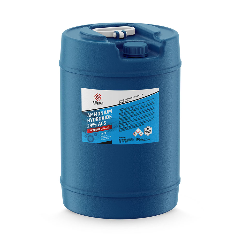 5-gallon HDPE carboy of Reagent-grade 29% ACS Ammonium Hydroxide with NFPA diamond and, Alliance Chemical brand
