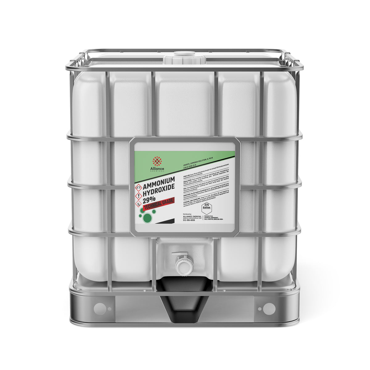 One 275-gallon HDPE tote of Alliance Chemical Ammonium Hydroxide 29% Technical Grade with a metal cage and label.