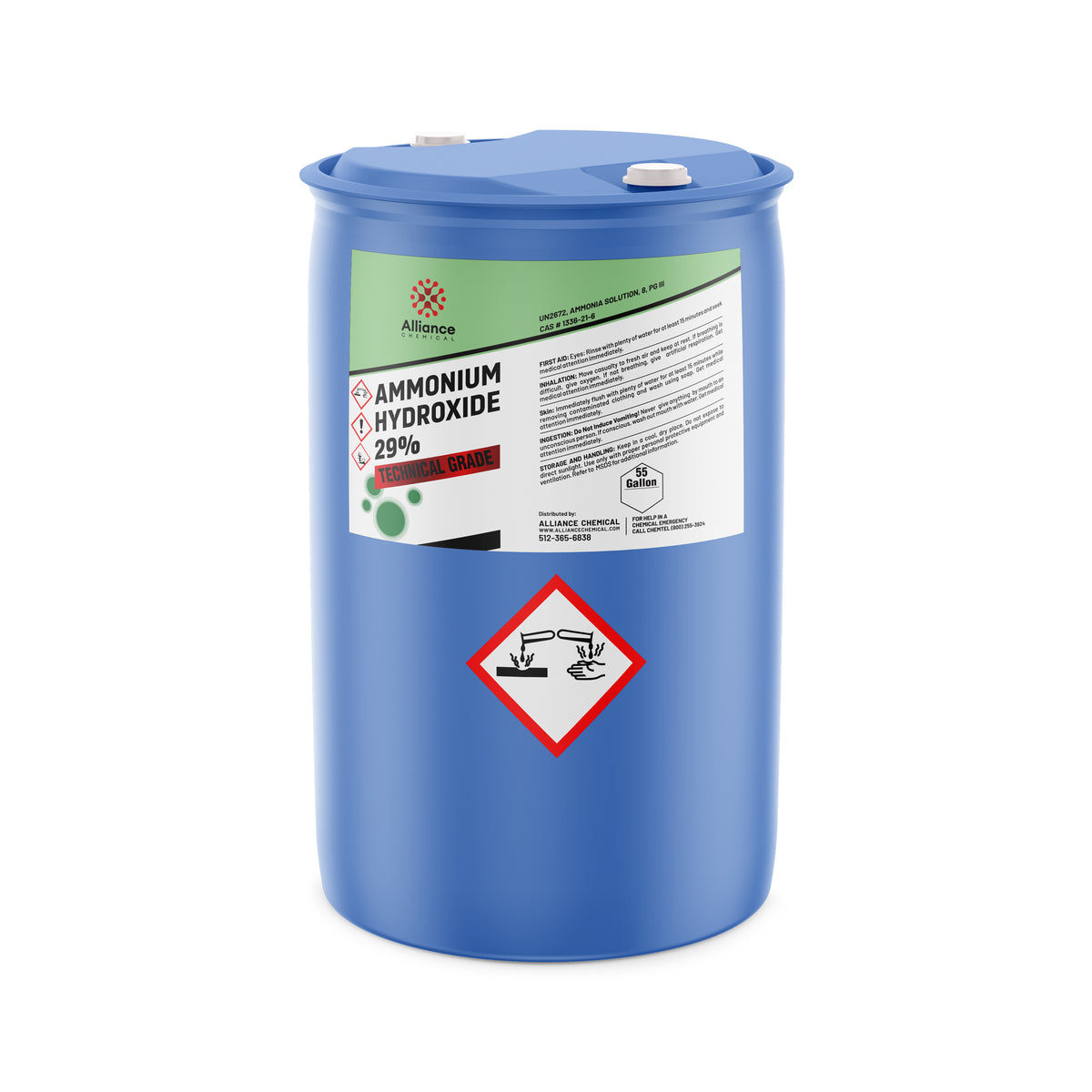 55-gallon HDPE drum of Ammonium Hydroxide 29% Technical Grade with Alliance Chemical branding, white