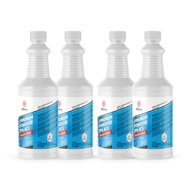 Alliance Chemical 4x1-quart HDPE bottles of Reagent Grade Ammonium Hydroxide 29% ACS, white containers with blue labels