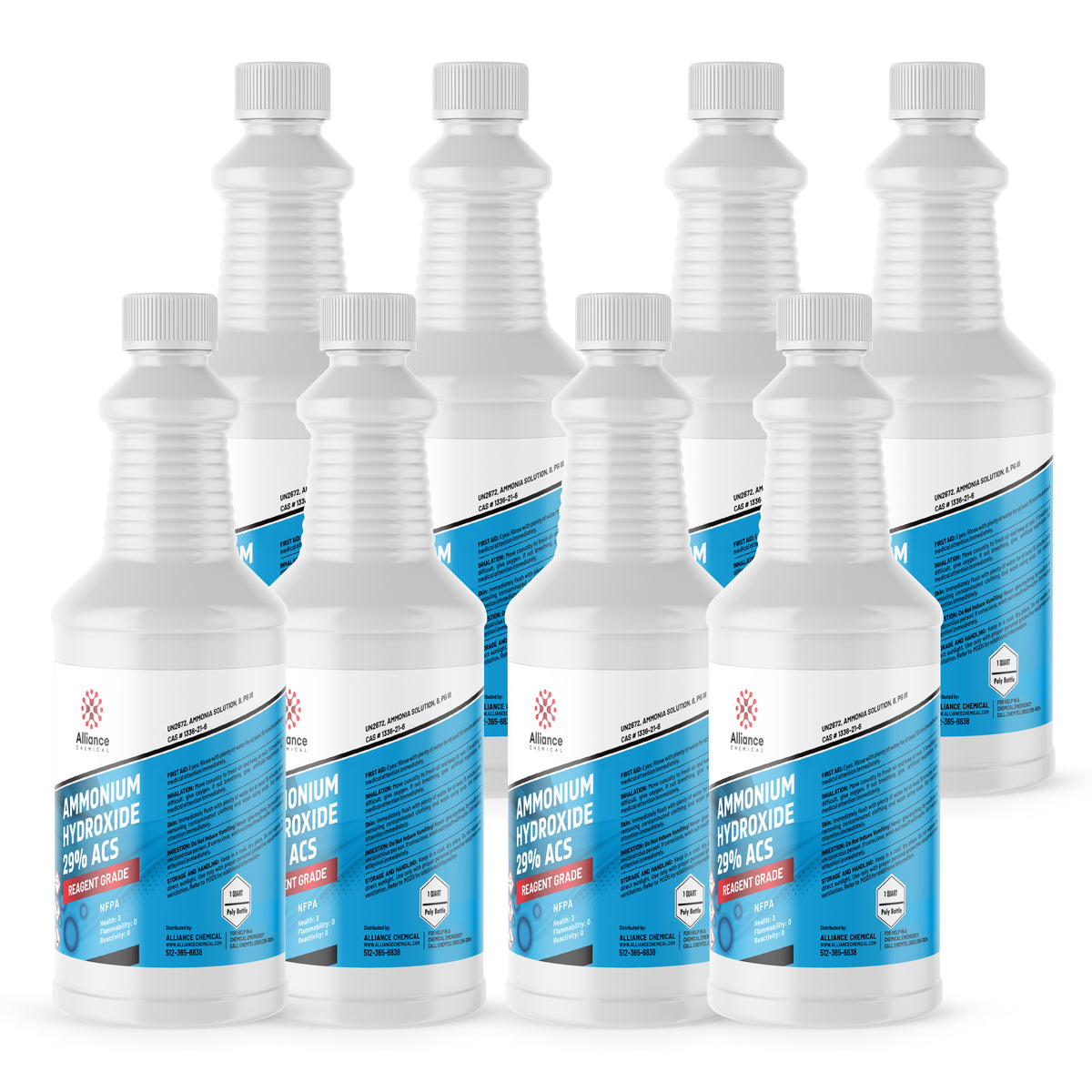 8x1 quart bottles of Ammonium Hydroxide 29% ACS Reagent Grade in HDPE containers with blue labels, NFPA diamond symbol