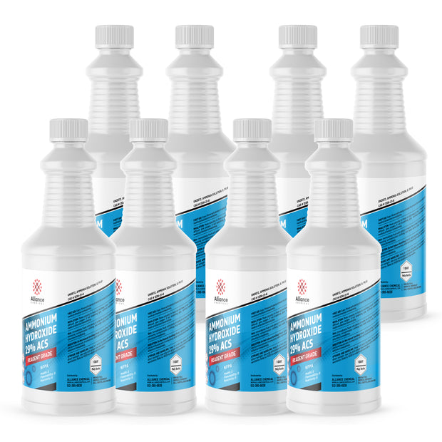 8x1 quart bottles of Ammonium Hydroxide 29% ACS Reagent Grade in HDPE containers with blue labels, NFPA diamond symbol