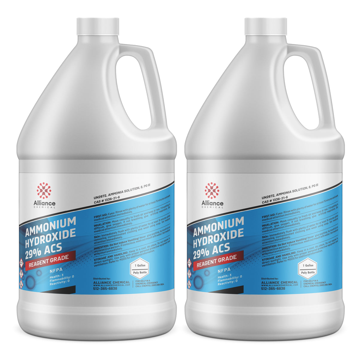 2-gallon HDPE containers of Alliance Chemical Reagent Grade 29% ACS Ammonium Hydroxide solution, with NFPA diamond