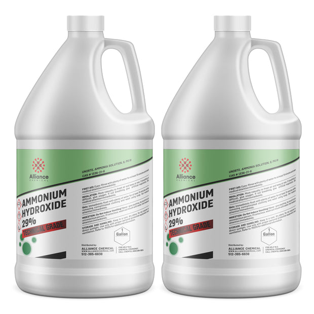 2-gallon HDPE containers of 29% Ammonium Hydroxide (Technical Grade) first aid instructions, and Alliance Chemical branding