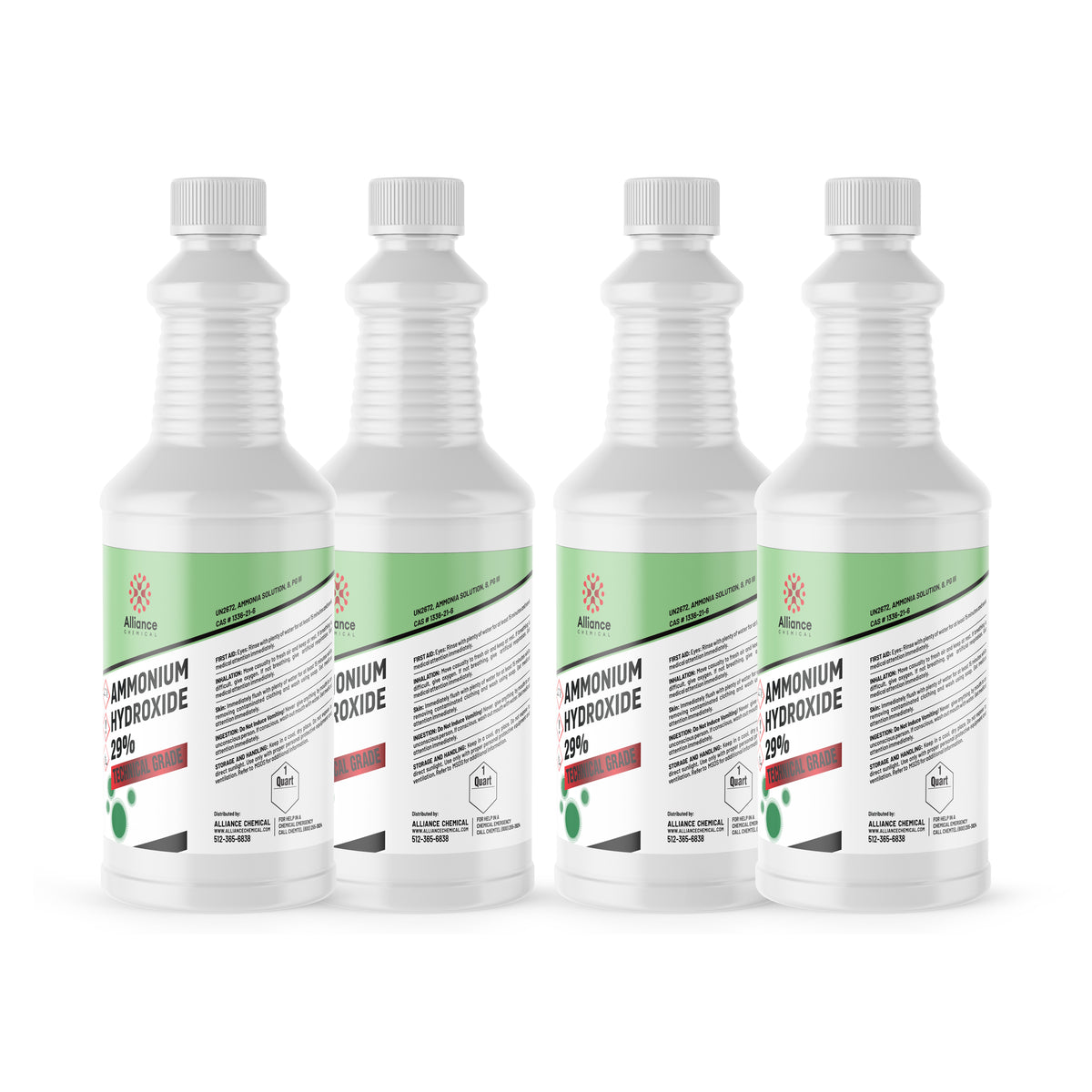 4x1 quart Ammonium Hydroxide 29% Technical Grade in HDPE bottles corrosive warning symbol, Alliance Chemical branded