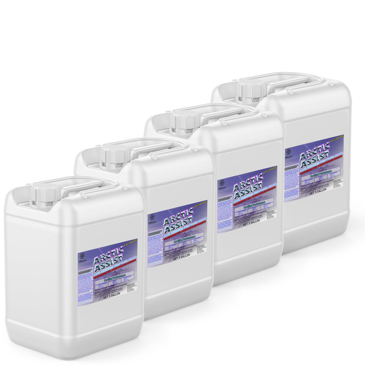 Four 5-gallon HDPE jugs of Alliance Chemical Arctic Assist with white caps, handles, and product labels.