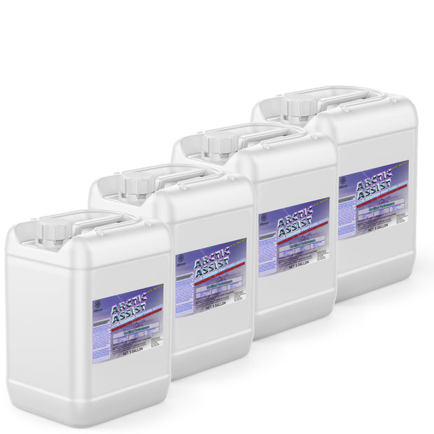 Four 5-gallon HDPE jugs of Alliance Chemical Arctic Assist with white caps, handles, and product labels.