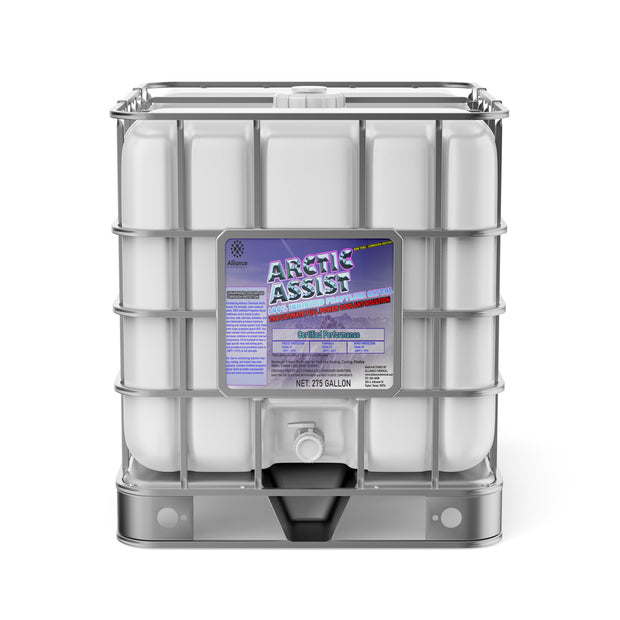 275-gallon IBC tote of Arctic Assist industrial coolant solution in HDPE container , dispensing valve, and Alliance Chemical