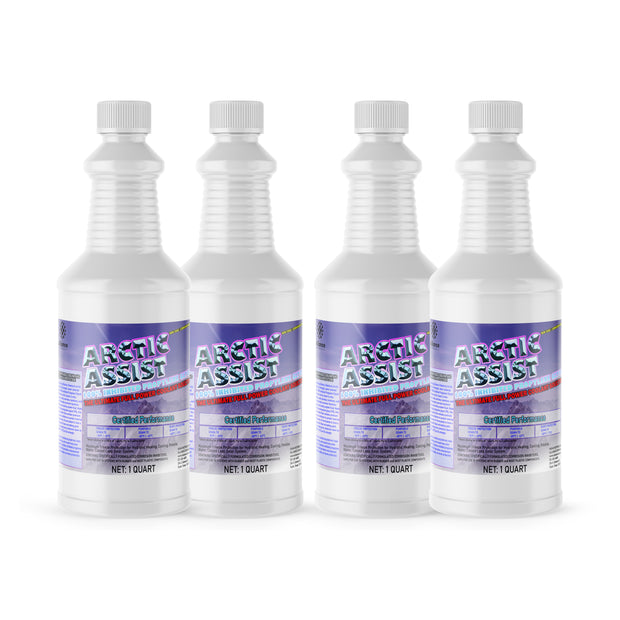 Four 1-quart plastic bottles of Alliance Chemical Arctic Assist with white caps and product labels.