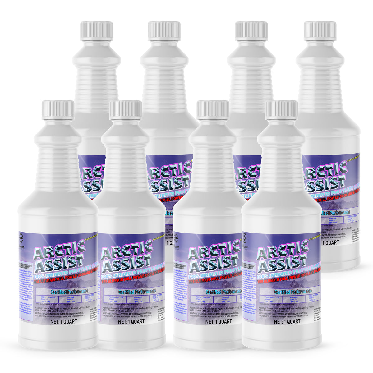 Eight 1-quart plastic bottles of Alliance Chemical Arctic Assist with white screw caps and product labels