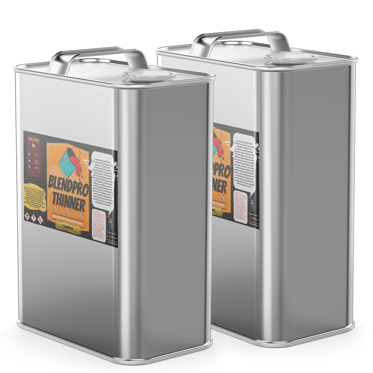 Two 1-gallon steel jugs of Alliance Chemical Blendpro - Professional Paint Thinning Solution with silver handle and label.