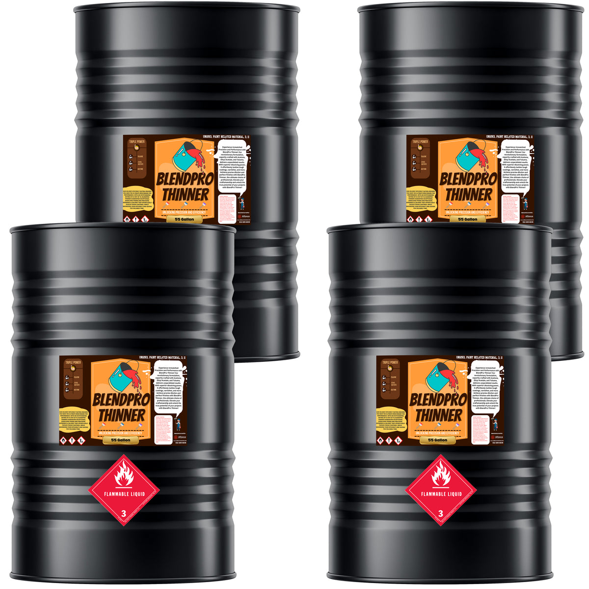 Four 55-gallon steel drums of Alliance Chemical Blendpro - Professional Paint Thinning Solution with labels.