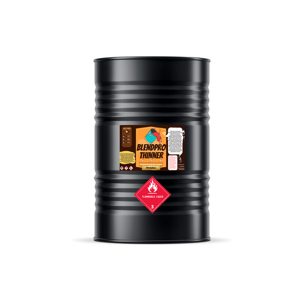 55-gallon steel drum of Alliance Chemical Blendpro Thinner with a product label and a flammable liquid label.