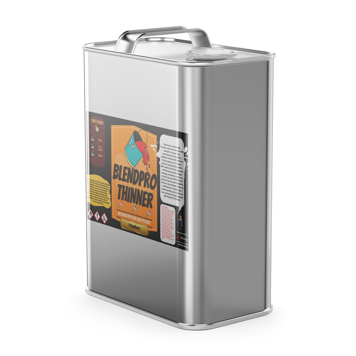 1-gallon steel pail of Alliance Chemical Blendpro - Professional Paint Thinning Solution with a silver handle and detailed...