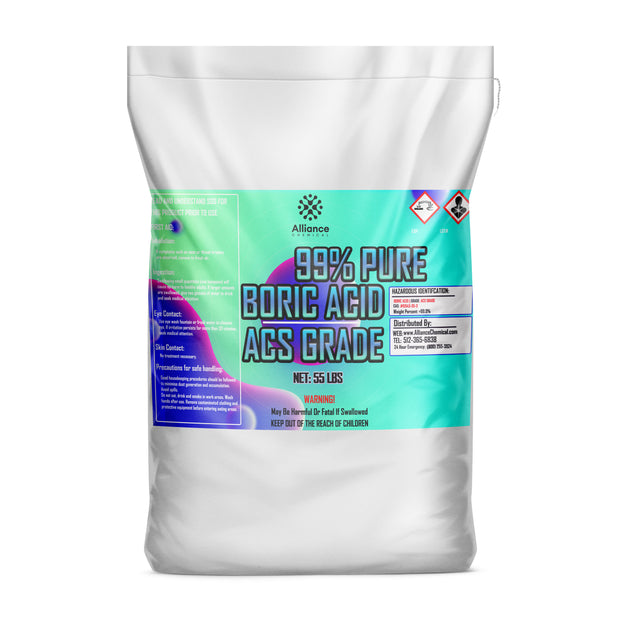 One 55-lbs Alliance Chemical Boric Acid ACS Grade white woven polypropylene bag with label and drawstring closure