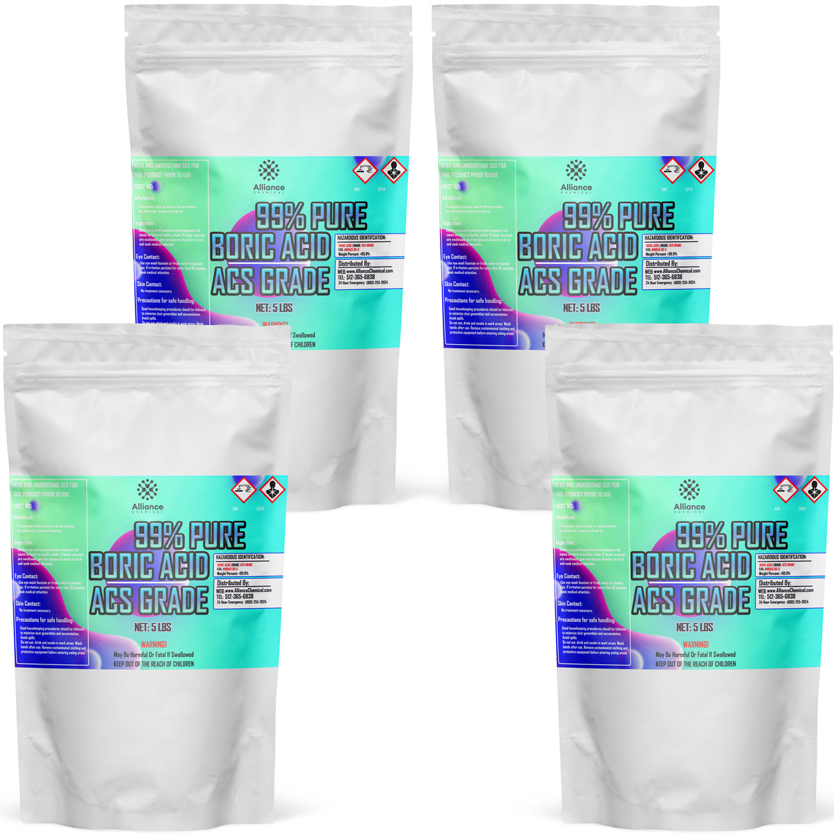 Four 5-lbs bags of Alliance Chemical Boric Acid Powder 99% Acs Grade with teal accents and prominent product label.