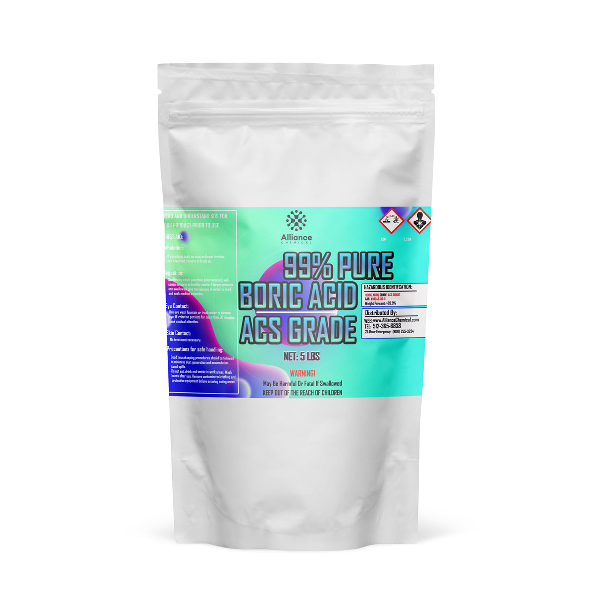 One 5-lb bag of Alliance Chemical Boric Acid Powder 99% Acs Grade with a teal label and a resealable zipper.