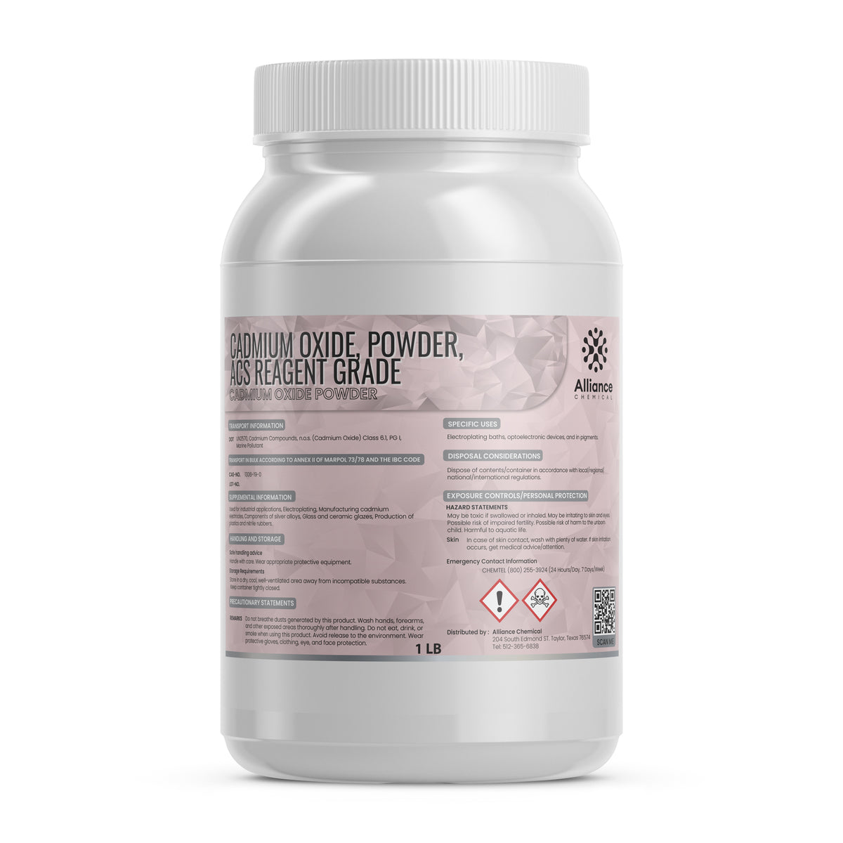 One 1-lb plastic bottle of Alliance Chemical Cadmium Oxide Powder, ACS Reagent Grade, with a white screw cap and product l...