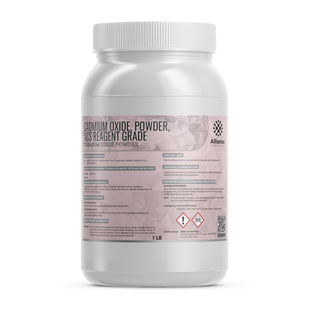 One 1-lb plastic bottle of Alliance Chemical Cadmium Oxide Powder ACS Reagent Grade with a white screw cap and product label.