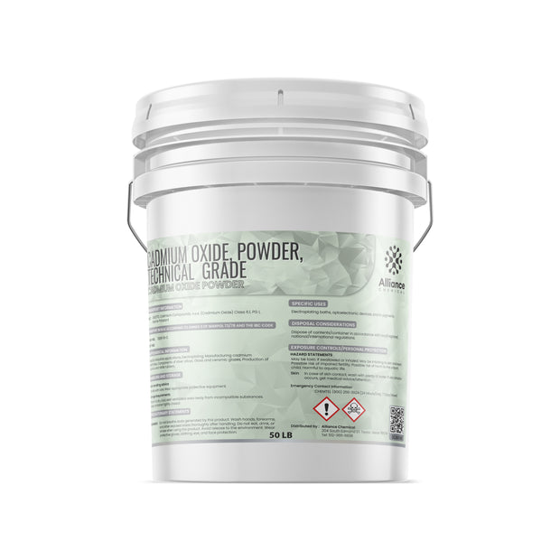 Alliance Chemical Cadmium Oxide Powder Technical Grade in a white plastic pail with a metal handle.