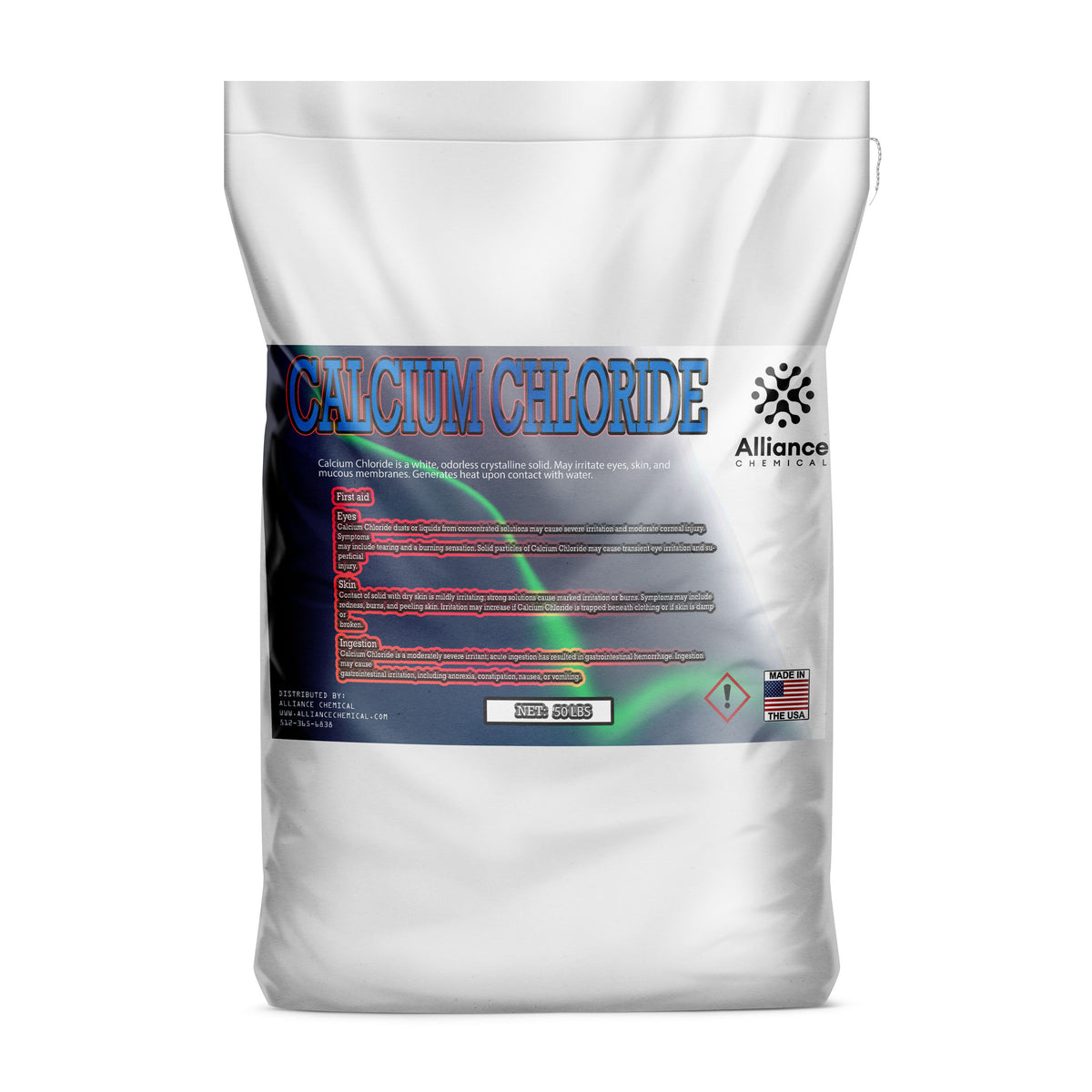 50-lb bag of Alliance Chemical Calcium Chloride with product label, white container, and a sewn closure at the top.