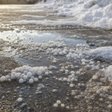 Calcium chloride pellets melting ice on a snowy concrete driveway — Alliance Chemical bulk supply