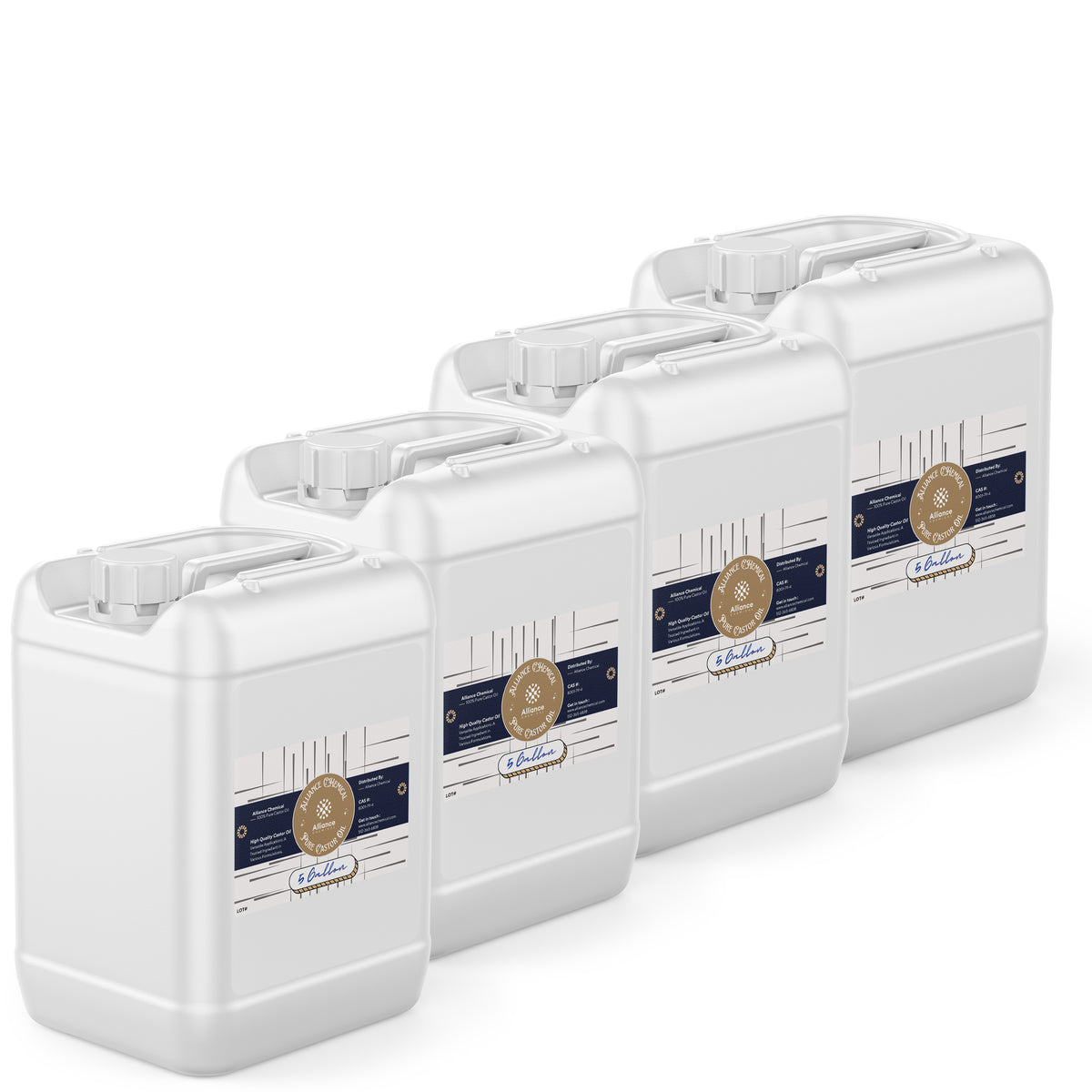 Four 5-gallon HDPE jugs of Alliance Chemical 100% Pure Castor Oil with white caps and product labels