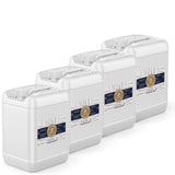 Four 5-gallon HDPE jugs of Alliance Chemical 100% Pure Castor Oil with white caps and product labels
