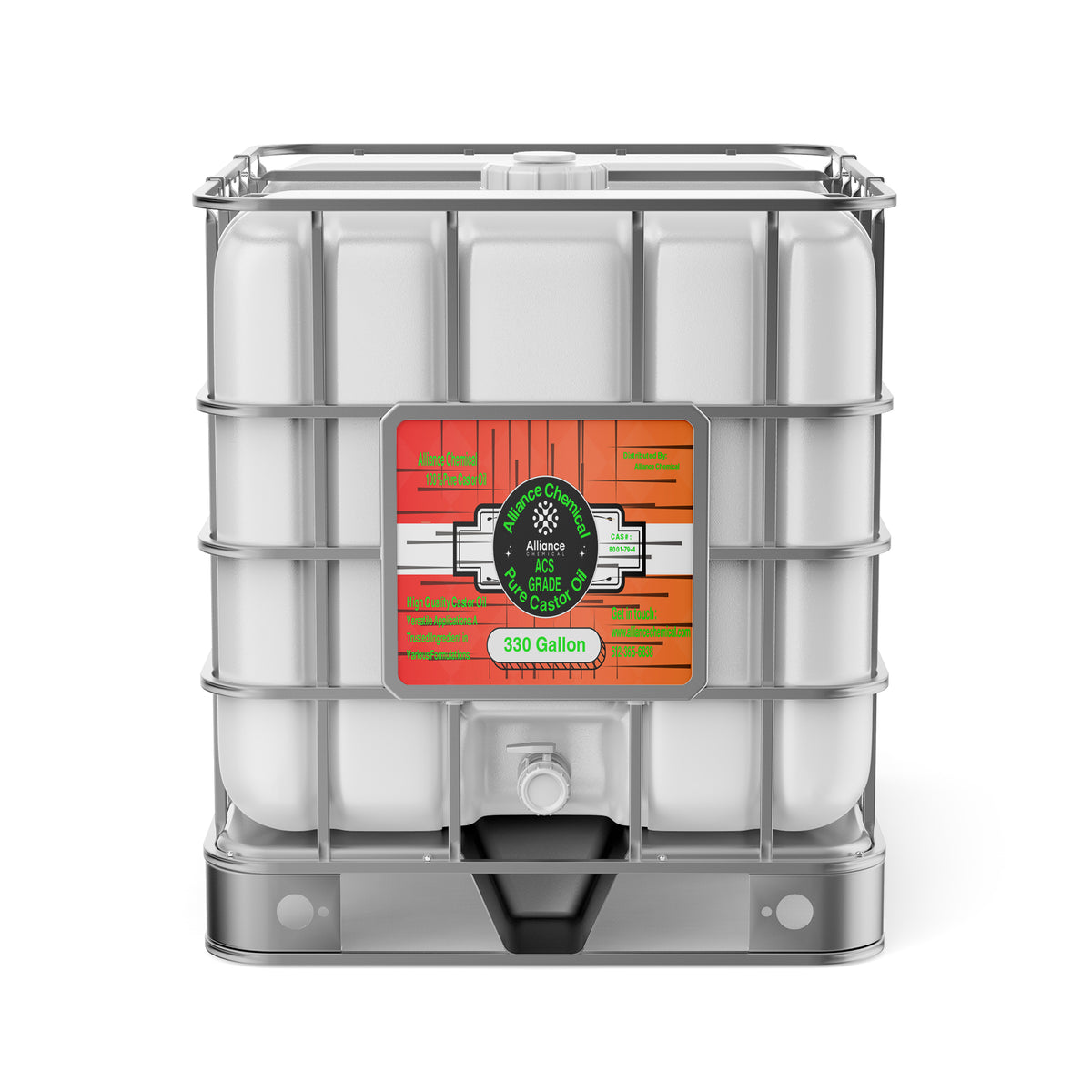 One 330-gallon plastic tote of Alliance Chemical 100% Pure Castor Oil ACS Grade with a metal cage and a spigot.