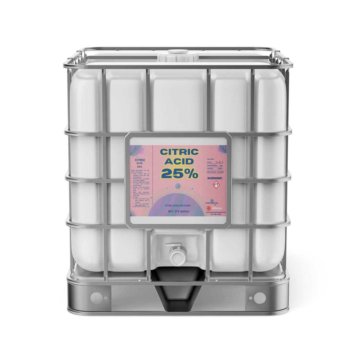 One 275-gallon Alliance Chemical Citric Acid 25% Solution tote with a metal cage and spigot.