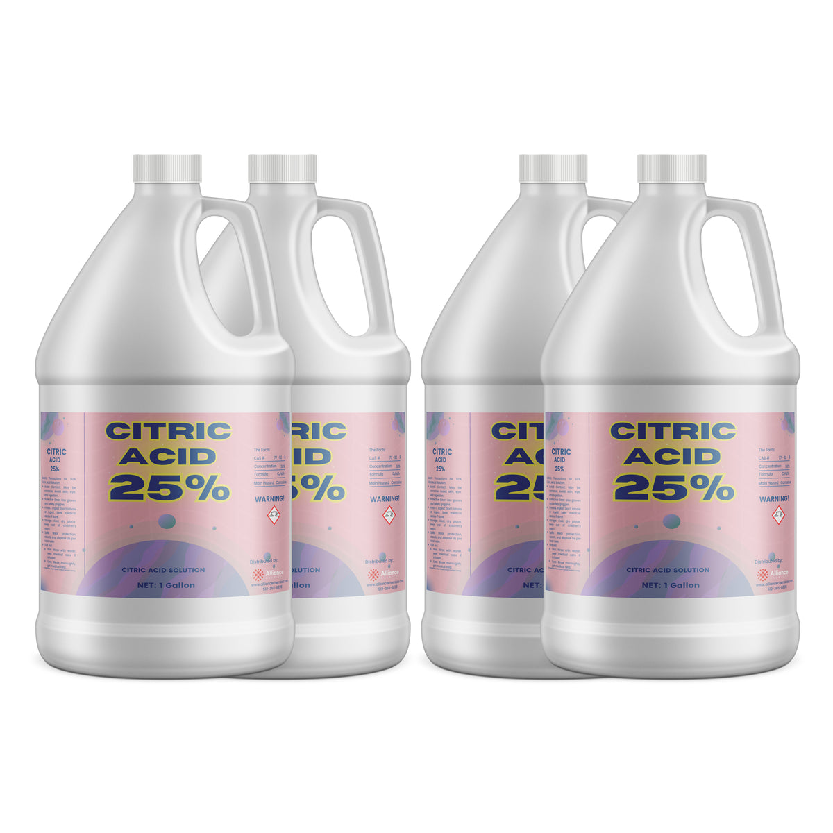 Four 1-gallon HDPE jugs of Alliance Chemical Citric Acid 25% Solution with white caps, labels, and handles.